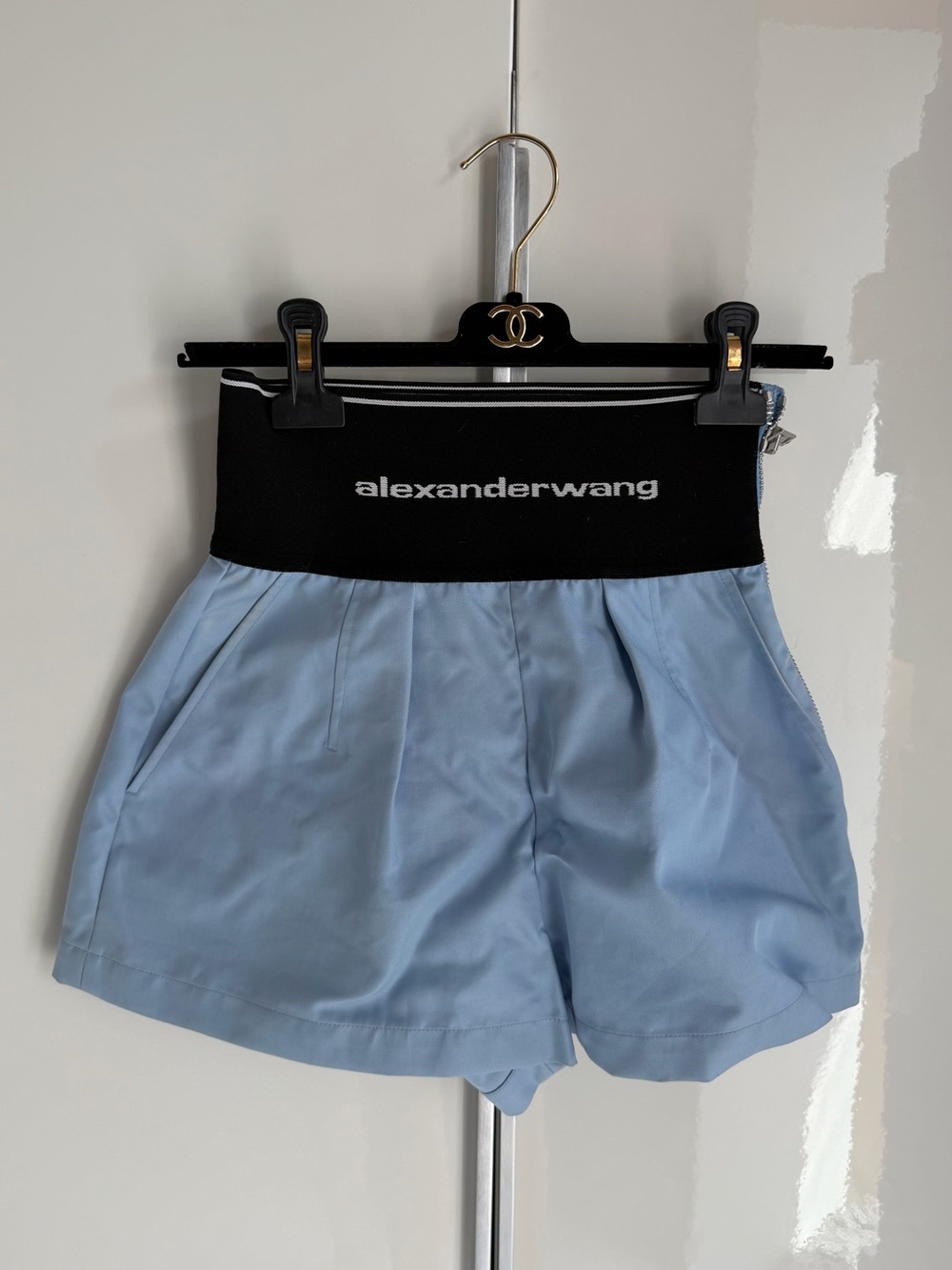Alexander Wang Black Waistband Pale Blue High-Rise Shorts